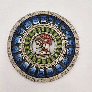 Mayan Calendar Maya Aztec Plaque Mexico Pottery 10.5 Inches Wall Art Hook‎ Blue
